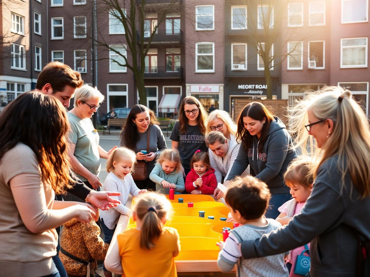 Vrijwilligers en kinderen bij een BlokBlending buurtactiviteit in Amsterdam